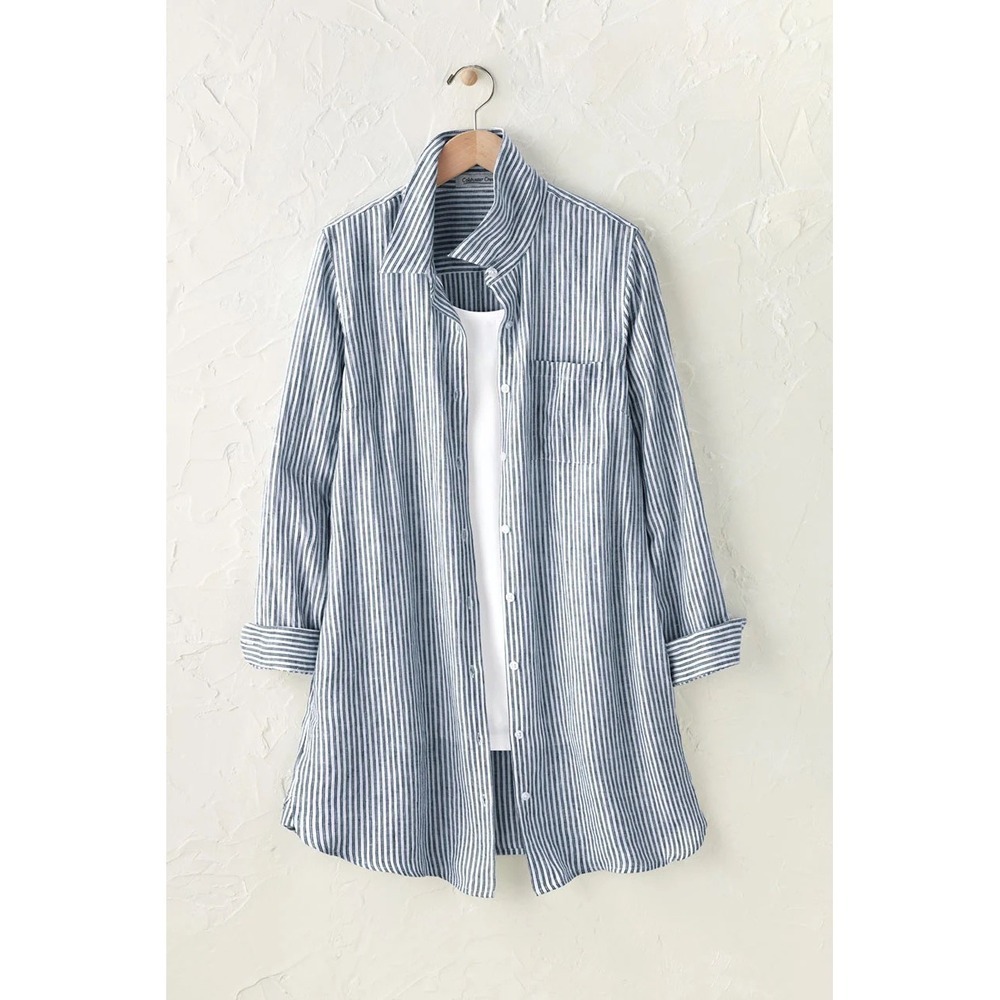 NWT!! COLDWATER CREEK Cross Dyed Striped Linen Tunic Topper Blue White Medium